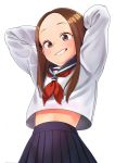  1girl arms_behind_head black_eyes blush brown_hair forehead grin karakai_jouzu_no_takagi-san long_hair long_sleeves looking_at_viewer neckerchief onaka_(pixiv11820960) pleated_skirt school_uniform serafuku shirt_lift skirt smile solo takagi-san white_background 