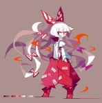  1girl amakusa_(hidorozoa) bangs bow fire floating_hair fujiwara_no_mokou full_body hair_bow juliet_sleeves long_hair long_sleeves ofuda pants pixel_art puffy_sleeves red_bow red_eyes red_footwear shirt shoes simple_background solo standing suspenders touhou very_long_hair white_background white_bow white_shirt 