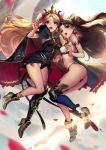  2girls :d armlet armor armored_boots ass backlighting bangs bare_arms bare_legs bare_shoulders bikini black_bikini_bottom black_cape black_leotard black_ribbon blonde_hair blue_legwear blush boots breasts brown_hair cape cian_yo ereshkigal_(fate/grand_order) fate/grand_order fate_(series) full_body hair_ribbon hand_holding hand_up heavenly_boat_maanna high_heel_boots high_heels highres hood interlocked_fingers ishtar_(fate/grand_order) knee_boots leotard long_hair looking_at_viewer midair mismatched_bikini motion_lines multiple_girls open_mouth parted_bangs petals red_eyes ribbon shiny shiny_hair single_thighhigh small_breasts smile swimsuit thigh-highs thighs tiara two_side_up very_long_hair white_bikini_top yellow_footwear 