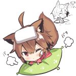  1girl :&lt; ahoge animal_ears bandaid bandaid_on_face bangs blush brown_hair chibi closed_eyes closed_mouth dress eyebrows_visible_through_hair fox_ears fox_girl fox_tail hair_between_eyes long_sleeves looking_at_viewer lying multiple_views nose_blush nude on_stomach one_eye_closed original parted_lips red_dress red_eyes short_hair shower_head showering sitting soap_bubbles tail towel towel_on_head triangle_mouth wide_sleeves yuuji_(yukimimi) zabuton 