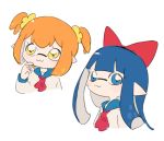  2girls :3 bangs blue_eyes blue_hair blunt_bangs bow fusion hair_bow highres inkling long_hair multiple_girls neckerchief orange_hair pipimi pointy_ears poptepipic popuko school_uniform serafuku short_hair sidelocks smile splatoon splatoon_2 tentacle_hair yellow_eyes 