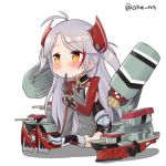  1girl ahenn antenna_hair azur_lane black_gloves chibi commentary_request finger_in_mouth gloves hair_ornament iron_cross long_hair lowres machinery prinz_eugen_(azur_lane) silver_hair simple_background sitting solo turret twitter_username two_side_up white_background yellow_eyes 