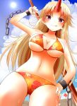  1girl bikini blonde_hair breasts chains cleavage cuffs dutch_angle hand_on_hip highres horn hoshiguma_yuugi indo_(mdtanaka2007) large_breasts long_hair looking_at_viewer midriff navel oni pole red_eyes shackles smirk solo swimsuit touhou wet 