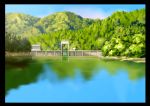  absurdres anchoku_0621 black_border border commentary_request dam forest highres hill lake nature no_humans original outdoors reflection scenery tree water_surface 