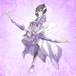  1girl black_hair boots bow_(weapon) dress eyebrows_visible_through_hair gloves green_eyes hair_between_eyes hair_ornament highres holding holding_arrow holding_bow_(weapon) holding_weapon long_dress one_leg_raised purple_background purple_footwear purple_gloves sakuria short_hair smile solo standing standing_on_one_leg thigh-highs thigh_boots washio_sumi washio_sumi_wa_yuusha_de_aru weapon yuuki_yuuna_wa_yuusha_de_aru yuusha_de_aru 