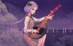  1girl biwa_lute chains dress flower hair_flower hair_ornament instrument long_hair lute_(instrument) meimaru_inuchiyo music musical_note playing_instrument purple purple_hair solo touhou tsukumo_benben violet_eyes 