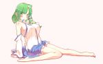  1girl arm_support bangs bare_shoulders bent_knee blue_skirt blush breasts commentary detached_sleeves frog_hair_ornament full_body green_eyes green_hair hair_ornament highres kochiya_sanae large_breasts looking_at_viewer medium_hair non_(z-art) nontraditional_miko parted_bangs shirt sideboob simple_background sitting skirt skirt_up sleeveless snake_hair_ornament solo touhou white_shirt 