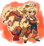  animal_ears arcanine bare_shoulders blue_footwear breasts brown_eyes cleavage cleavage_cutout dog_ears dog_tail dress eyebrows_visible_through_hair fukurou_(owl222) fur_trim grin highres large_breasts pelvic_curtain personification pokemon pokemon_(creature) ponytail red_background red_dress red_eyes red_legwear sash sharp_teeth shoes short_hair smile solo standing tail tattoo teeth thigh-highs v-shaped_eyebrows 