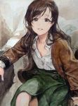 1girl brown_coat brown_eyes brown_hair coat collared_shirt idolmaster idolmaster_cinderella_girls legs_crossed long_hair looking_at_viewer mossi nitta_minami open_clothes open_coat parted_lips partially_unbuttoned shirt sitting skirt smile solo traditional_media watercolor_(medium) white_shirt 