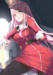  1girl absurdres darling_in_the_franxx gloves go-1 green_eyes hat highres horn long_hair military military_hat military_uniform pantyhose pink_hair uniform white_gloves zero_two_(darling_in_the_franxx) 