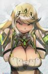 1girl bare_shoulders blonde_hair blush breasts cleavage eric_muentes gloves mythra_(xenoblade) large_breasts long_hair looking_at_viewer solo xenoblade xenoblade_2 yellow_eyes 