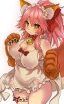  1girl :&lt; animal_ears apron bell bell_collar blush bow breasts cat_hair_ornament cat_paws cleavage closed_mouth collar erect_nipples fate/grand_order fate_(series) fox_ears fox_tail gloves hair_bow hair_ornament hair_ribbon jingle_bell large_breasts long_hair looking_at_viewer maid_headdress naked_apron paw_gloves paws pink_hair ribbon simple_background solo tail tamamo_(fate)_(all) tamamo_cat_(fate) white_background yellow_eyes yukinojou_yakan 