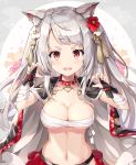  1girl :d animal_ears azur_lane bandage bandaged_arm bangs black_cape blush breasts bridal_gauntlets buckle budget_sarashi cape claw_pose cleavage collar fang fingernails floral_background flower hair_flower hair_ornament heart highres large_breasts long_hair looking_at_viewer multicolored multicolored_nail_polish nail_polish navel open_mouth petals red_eyes red_flower rin_yuu sarashi shiny shiny_hair shiny_skin silver_hair smile solo sparkling_eyes spiked_collar spikes stomach swept_bangs tareme tassel two_side_up under_boob upper_body v-shaped_eyebrows very_long_hair white_flower wolf_ears yuudachi_(azur_lane) 