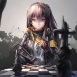  1girl 404_logo_(girls_frontline) armband bangs black_ribbon board_game brown_eyes brown_hair buckle bullet buttons chess chess_piece chessboard closed_mouth crossed_bangs expressionless eyebrows_visible_through_hair fingerless_gloves girls_frontline gloves gun hair_between_eyes hair_ornament highres holding holding_bullet hood hooded_jacket jacket long_hair looking_at_viewer neck_ribbon one_side_up reflection ribbon scar scar_across_eye scarf shaded_face shinyi_mi shirt smile strap submachine_gun ump45_(girls_frontline) weapon white_shirt 