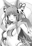  1girl 3.14 animal_ears armpits backless_outfit bangs bell blunt_bangs breasts elbow_gloves erun_(granblue_fantasy) fox_ears fur fur_trim gloves granblue_fantasy hair_bell hair_ornament hair_ribbon jewelry long_hair medium_breasts monochrome necklace ribbon sideboob upper_body yuel_(granblue_fantasy) 