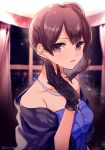  1girl alternate_costume brown_eyes brown_hair deco_(geigeki_honey) dress gloves highres indoors jewelry kaga_(kantai_collection) kantai_collection long_hair looking_back necklace open_mouth pearl pearl_necklace ribbon side_ponytail sleeveless sleeveless_dress solo sparkle twitter_username 