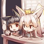  2girls :d :t absurdly_long_hair animal animal_ears animal_on_head bangs barefoot bendy_straw black_hair blank_speech_bubble blunt_bangs chibi closed_mouth cup drinking drinking_glass drinking_straw eyebrows_visible_through_hair food fox fox_ears fox_girl fox_on_head fox_tail fruit hair_between_eyes holding holding_drinking_glass holding_food japanese_clothes kayari_buta kimono light_brown_hair long_hair multiple_girls on_head open_mouth original porch red_eyes sitting smile speech_bubble tail very_long_hair watermelon white_kimono yuuji_(yukimimi) 