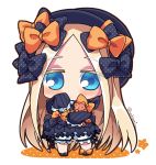  1girl abigail_williams_(fate/grand_order) bangs black_bow black_dress black_footwear black_hat blonde_hair bloomers blue_eyes blush bow butterfly chibi closed_mouth commentary_request dress eyebrows_visible_through_hair eyes_visible_through_hair fate/grand_order fate_(series) forehead full_body hair_bow hat long_hair long_sleeves looking_at_viewer mary_janes object_hug orange_bow parted_bangs polka_dot polka_dot_bow shoes sleeves_past_fingers sleeves_past_wrists solo standing stuffed_animal stuffed_toy teddy_bear twitter_username underwear very_long_hair white_background white_bloomers yakiguri 