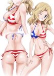  1girl american_flag_bikini ass bare_arms bare_legs bare_shoulders bikini blonde_hair breasts cleavage collarbone flag_print gin&#039;you_haru girls_und_panzer green_eyes grin halter_top halterneck hand_on_hip head_out_of_frame highres kay_(girls_und_panzer) large_breasts long_hair looking_at_viewer multiple_views one_eye_closed side-tie_bikini sideboob simple_background smile swimsuit white_background 