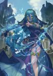  1girl absurdres aqua_(fire_emblem_if) armor blue_hair breasts dress elbow_gloves fingerless_gloves fire_emblem fire_emblem_if gloves green_eyes hair_between_eyes hairband highres long_hair looking_at_viewer magician_(china) medium_breasts outdoors purple_legwear single_thighhigh thigh-highs veil very_long_hair water 