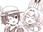  2girls :d ;d ^_^ batta_(ijigen_debris) bow bowtie closed_eyes elbow_gloves extra_ears eyebrows_visible_through_hair facing_another gloves hands_on_another&#039;s_shoulders hat hat_feather kaban_(kemono_friends) kemono_friends looking_at_another multiple_girls muted_color one_eye_closed open_mouth print_neckwear serval_(kemono_friends) serval_print short_hair simple_background smile upper_body white_background 