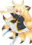  1girl ;d animal_ears bangs black_capelet black_jacket black_legwear blonde_hair blush boots capelet cross-laced_footwear dress eyebrows_visible_through_hair fox_ears fox_girl fox_tail full_body hair_between_eyes highres jacket knee_boots kurotsutsuki kyuubi lace-up_boots long_hair long_sleeves multiple_tails one_eye_closed open_mouth original over-kneehighs red_eyes side_ponytail sidelocks simple_background smile solo tail thigh-highs very_long_hair white_background white_dress white_footwear 