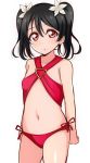  1girl :o arms_at_sides bare_arms bare_shoulders bikini black_hair blush collarbone cowboy_shot criss-cross_halter flat_chest flower hair_flower hair_ornament halterneck looking_at_viewer love_live! love_live!_school_idol_project navel parted_lips pink_bikini pink_ribbon red_eyes ribbon shiny shiny_skin short_hair short_twintails side-tie_bikini simple_background solo standing stomach swimsuit tareme twintails wewe white_background white_flower yazawa_nico 