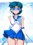  1girl bishoujo_senshi_sailor_moon blue blue_choker blue_eyes blue_hair blue_sailor_collar blue_skirt blush bow choker earrings elbow_gloves gloves highres jewelry magical_girl mizuno_ami panties pirochi revision sailor_collar sailor_mercury sailor_senshi_uniform short_hair skirt solo tiara underwear visor white_gloves 