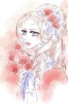  1girl blue_eyes blush braid character_request flower j2_(joki455) long_hair looking_to_the_side pale_skin parted_lips pink_background solo upper_body versailles_no_bara 