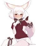  1girl animal_ears arm_behind_back bow bowtie brown_eyes commentary_request extra_ears fennec_(kemono_friends) finger_to_mouth fox_ears fox_tail fur-trimmed_gloves fur_trim gloves heart heart-shaped_pupils highres juz kemono_friends looking_at_viewer puffy_short_sleeves puffy_sleeves ribbon short_hair short_sleeves simple_background sitting skirt smile solo sweater symbol-shaped_pupils tail tail_bow tail_ribbon thigh_ribbon white_background white_gloves white_hair 