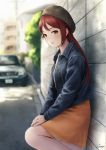 1girl :d against_wall beret black_hat blue_jacket blurry blurry_background blush breast_pocket building car casual day denim denim_jacket depth_of_field feet_out_of_frame from_side ground_vehicle hat highres jacket leg_up long_hair long_sleeves looking_to_the_side love_live! love_live!_sunshine!! medium_skirt motor_vehicle open_clothes open_jacket open_mouth orange_eyes orange_skirt own_hands_together papi_(papiron100) pocket redhead road sakurauchi_riko signature skirt smile solo standing standing_on_one_leg stone_wall straight_hair street sunlight town wall 