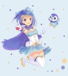 1girl :d ahoge blue_background blue_cape blue_eyes blue_hair blue_skirt cape crossover crown elbow_gloves eyebrows_visible_through_hair gloves high_heels hitsukuya holding jumping looking_at_viewer mahou_shoujo_madoka_magica miki_sayaka mini_crown open_mouth piplup pleated_skirt pokemon pokemon_(creature) short_hair simple_background skirt smile thigh-highs v vest white_gloves white_legwear yellow_footwear