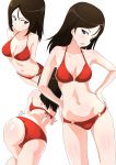  1girl ass bare_arms bare_shoulders bikini black_hair blue_eyes breasts closed_mouth gin&#039;you_haru girls_und_panzer hands_on_hips highres light_smile long_hair looking_at_viewer medium_breasts multiple_views navel nonna o-ring o-ring_bikini o-ring_bottom o-ring_top red_bikini simple_background stomach swimsuit white_background 