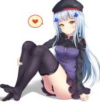  1girl aisuuwan arm_support ass bangs beret black_legwear blunt_bangs blush breasts buttons cleavage closed_mouth collared_jacket eyebrows_visible_through_hair facepaint feet foot_up german_flag girls_frontline gloves green_eyes hair_ornament hand_on_leg hat heart highres hk416_(girls_frontline) knees_up long_hair long_sleeves looking_at_viewer medium_breasts no_shoes panties pantyshot pantyshot_(sitting) plaid plaid_skirt shiny shiny_skin sidelocks silver_hair simple_background sitting skirt smile soles solo sweatdrop teardrop thigh-highs thighs toes tsurime underwear white_background 