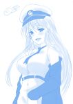  1girl absurdres azur_lane breasts coat cowboy_shot enterprise_(azur_lane) eyebrows_visible_through_hair gachishizyou hat highres large_breasts long_hair monochrome necktie open_clothes peaked_cap shirt silver_hair sleeveless smile star_trek uss_enterprise_ncc-1701 very_long_hair violet_eyes white_shirt 