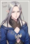  1girl artist_name blue_eyes character_name copyright_name final_fantasy final_fantasy_xiv forehead grey_background long_hair looking_at_viewer mature milcho parted_lips pointy_ears purple_lips robe shiny shiny_hair signature silver_hair stitches tsurime upper_body v-shaped_eyebrows ysayle 