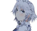  1girl blue_eyes blush braid commentary_request eyebrows_visible_through_hair frills hair_between_eyes highres izayoi_sakuya kz_oji looking_at_viewer maid_headdress short_hair silver_hair simple_background smile solo touhou twin_braids upper_body white_background 