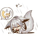  2girls animal_ears bangs blonde_hair chibi clouds cowering eyebrows_visible_through_hair fox_ears fox_girl fox_hood fox_tail hair_between_eyes hair_rings hood hood_up long_hair multiple_girls open_mouth original rain raincoat running shirt silver_hair sitting tail tears translation_request trembling wet wet_hair white_background white_shirt yuuji_(yukimimi) |_| 