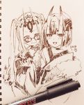  2girls :d bangs blush closed_mouth dated facial_mark fang fang_out fate/grand_order fate_(series) glasses graphite_(medium) hand_holding head_tilt highres horns ibaraki_douji_(fate/grand_order) long_hair looking_at_viewer monochrome multiple_girls oni oni_horns open_mouth sepia short_hair shuten_douji_(fate/grand_order) smile sofra traditional_media twintails 
