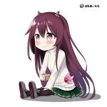  1girl ahenn brown_eyes brown_hair chibi commentary_request holding kantai_collection kisaragi_(kantai_collection) long_hair lowres oni_horns pleated_skirt setsubun simple_background sitting skirt smile solo sweater twitter_username white_background 