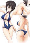  1girl arm_up ass back backboob bare_arms bare_legs bare_shoulders black_hair blue_swimsuit breasts brown_eyes cleavage from_behind gin&#039;you_haru girls_und_panzer highres kawashima_momo large_breasts looking_at_viewer lying monocle multiple_views navel on_stomach sideboob simple_background swimsuit thigh_gap white_background 