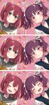  2girls 3koma :t ^_^ absurdres bangs blush bow bowtie closed_eyes comic green_eyes hair_ribbon highres ice_cream_cone kazuno_leah kurosawa_ruby laughing love_live! love_live!_sunshine!! multiple_girls open_mouth pink_background polka_dot polka_dot_background pout purple_hair ribbon school_uniform serafuku smile smirk twintails two_side_up upper_body v-shaped_eyebrows violet_eyes white_ribbon yellow_neckwear yuama_(drop) 