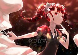  androgynous artist_name character_name finger_to_mouth gem_uniform_(houseki_no_kuni) hair_ornament houseki_no_kuni long_hair looking_at_viewer necktie red_beryl_(houseki_no_kuni) red_eyes redhead scissors smile solo star star_hair_ornament twintails 