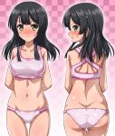  1girl :o arms_behind_back ass back bangs bare_shoulders black_hair blush breasts butt_crack checkered checkered_background closed_mouth collarbone cowboy_shot embarrassed from_behind gluteal_fold hair_ornament hairclip kantai_collection long_hair looking_at_viewer looking_back multiple_views navel nose_blush open_mouth oyashio_(kantai_collection) panties profile revision shiny shiny_hair shiny_skin shoulder_blades sidelocks sports_bra standing sweat sweatdrop thigh_gap thighs twisted_neck underwear underwear_only white_panties yellow_eyes zanntetu 