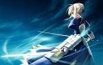  1girl armor armored_dress artist_request artoria_pendragon_(all) blonde_hair caliburn dress dual_wielding excalibur fate/stay_night fate_(series) faulds glowing glowing_sword glowing_weapon green_eyes saber solo sword wallpaper weapon 