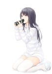  1girl black_hair brown_eyes coffee-kizoku commentary_request eating ehoumaki food food_in_mouth highres holding holding_food long_hair long_sleeves makizushi original shiramine_rika simple_background sitting solo striped_hoodie sushi thigh-highs white_background white_legwear 