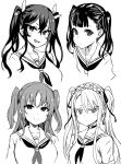  4girls :/ :d asanagi bangs breasts bright_pupils choker closed_mouth collarbone cross cross_earrings crossed_bangs earrings eyebrows eyebrows_visible_through_hair eyelashes fang hair_between_eyes heart heart_choker highres jewelry long_hair maid_headdress medium_breasts mole mole_under_mouth multiple_girls neckerchief open_mouth original portrait sailor_collar school_uniform serafuku shirt sidelocks simple_background small_breasts smile tsurime twintails twintails_day two_side_up upper_body white_background 