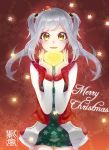  1girl :d cowboy_shot hair_ornament hands_up hat highres holding_heart holly_hair_ornament long_hair looking_at_viewer merry_christmas mini_hat murasaki_arashi open_mouth original pocket red_background santa_hat smile snowflake_background snowflake_print standing twintails white_hair yellow_eyes 