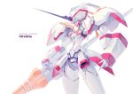  1girl banchengping@126 breasts character_name closed_mouth copyright_name cowboy_shot darling_in_the_franxx highres holding holding_weapon horn humanoid_robot lance legs_apart mecha medium_breasts no_nose polearm robot simple_background solo standing strelizia text weapon white_background 