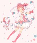 1girl :d adapted_costume blush boots crossover dress frilled_dress frills gloves hair_ribbon hitsukuya knee_boots looking_at_viewer mahou_shoujo_madoka_magica open_mouth pink_dress pink_eyes pink_footwear pink_gloves pink_hair pink_ribbon pokemon pokemon_(creature) ribbon short_hair simple_background smile sylveon twintails 